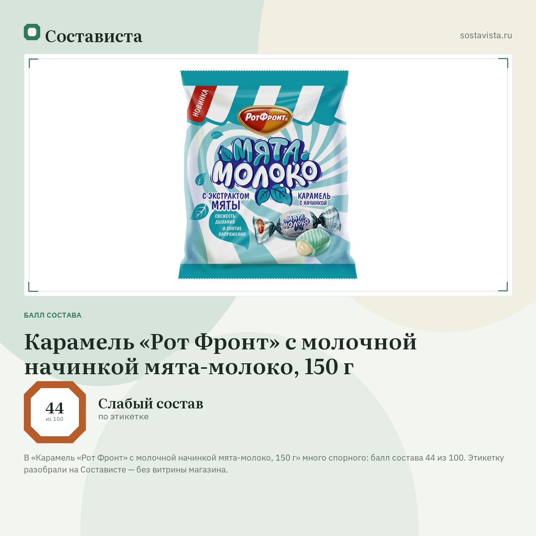 Карамель «Рот Фронт» с молочной начинкой мята-молоко, 150 г: балл состава 44 из 100 — Состависта