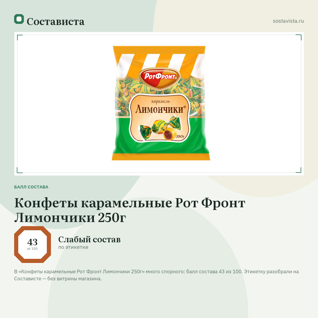 Конфеты карамельные Рот Фронт Лимончики 250г: балл состава 43 из 100 — Состависта