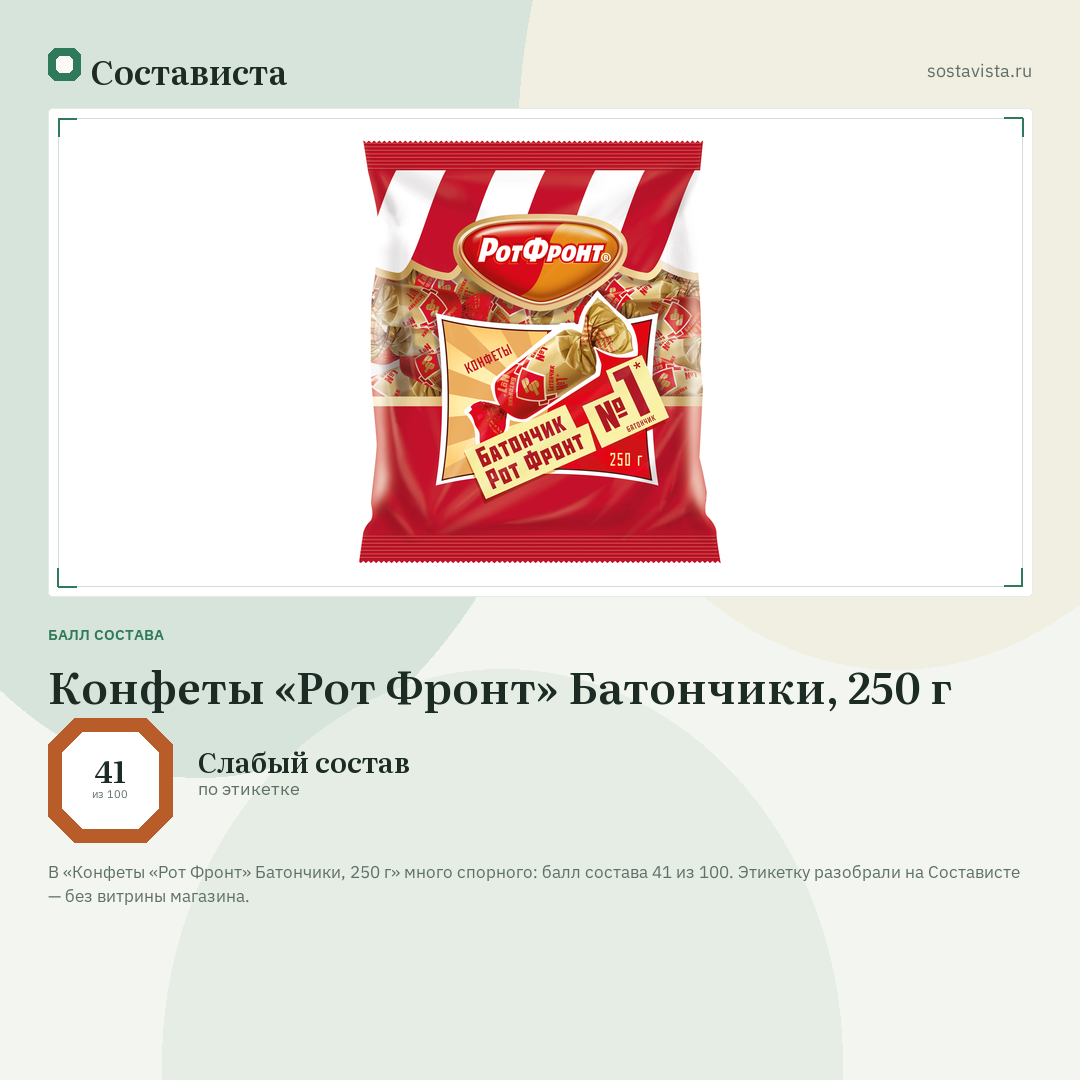 Конфеты «Рот Фронт» Батончики, 250 г: балл состава 41 из 100 — Состависта