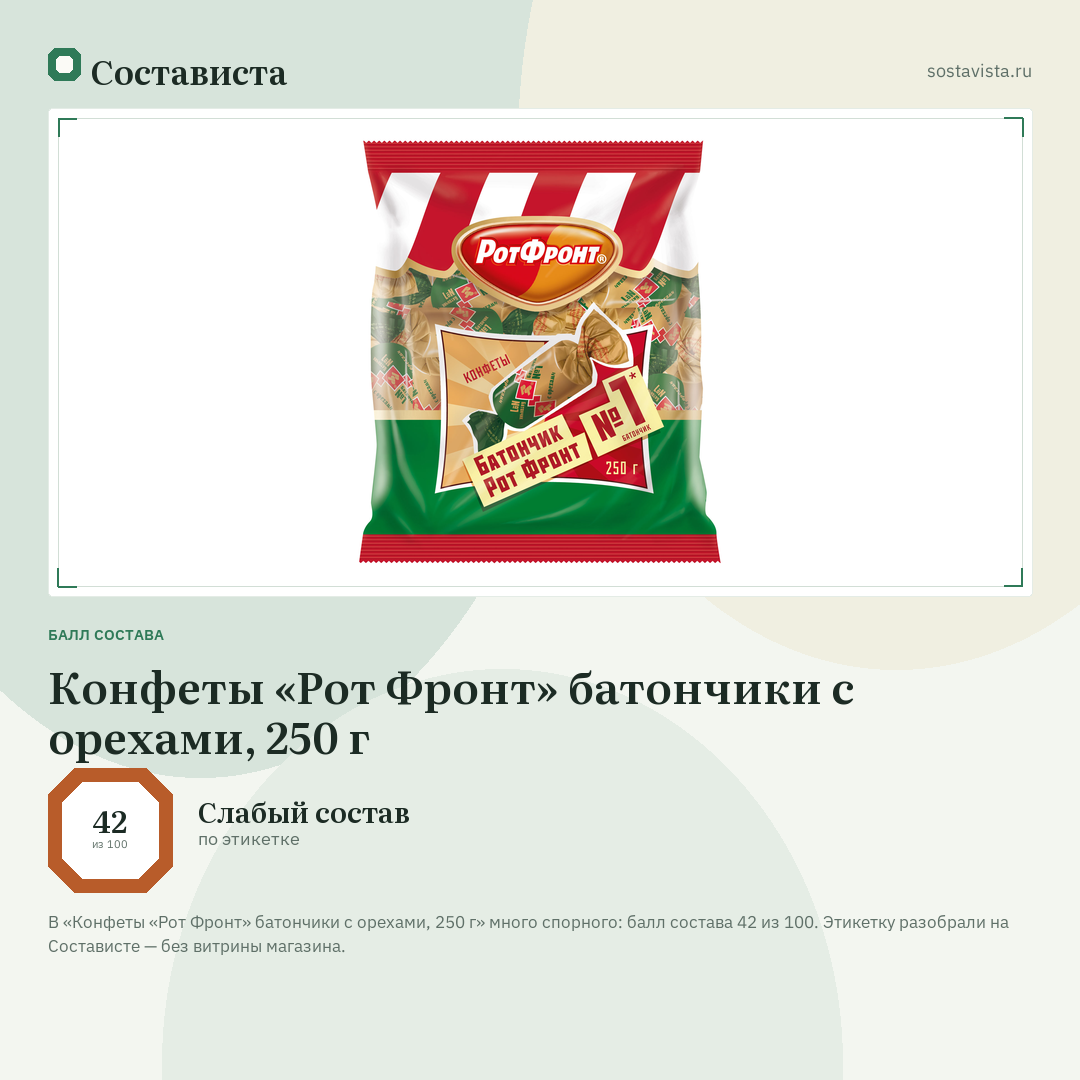 Конфеты «Рот Фронт» батончики с орехами, 250 г: балл состава 42 из 100 — Состависта