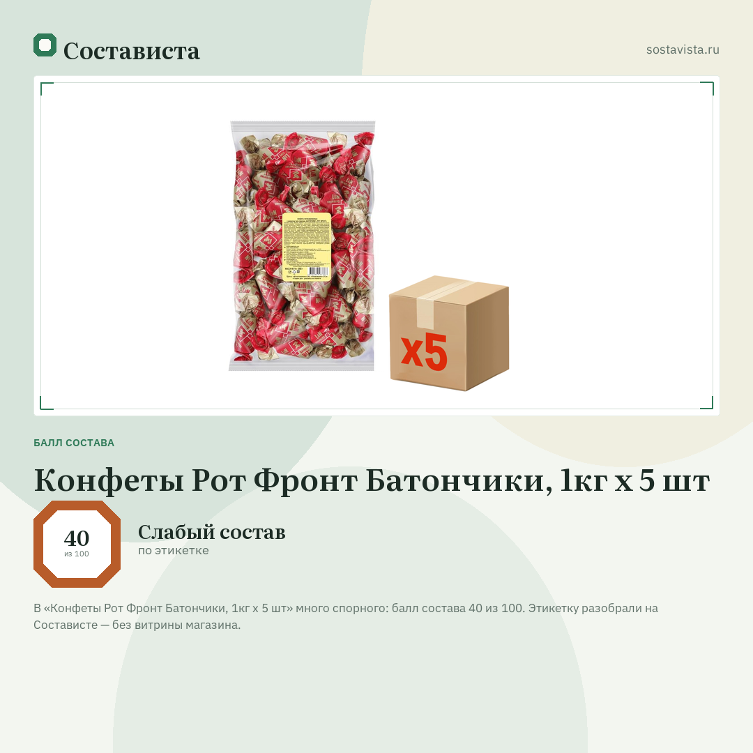 Конфеты Рот Фронт Батончики, 1кг x 5 шт: балл состава 40 из 100 — Состависта
