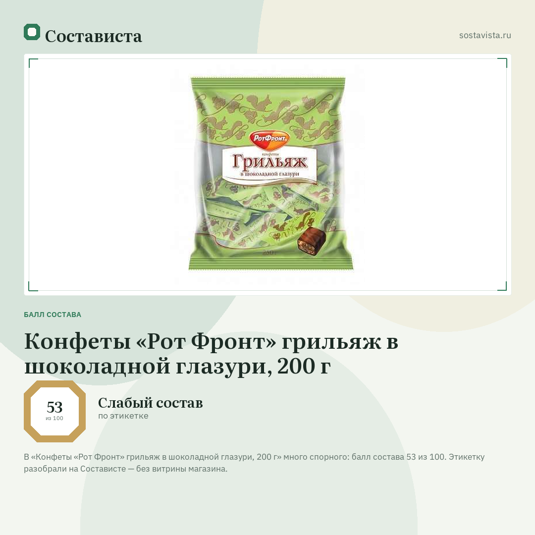Конфеты «Рот Фронт» грильяж в шоколадной глазури, 200 г: балл состава 53 из 100 — Состависта