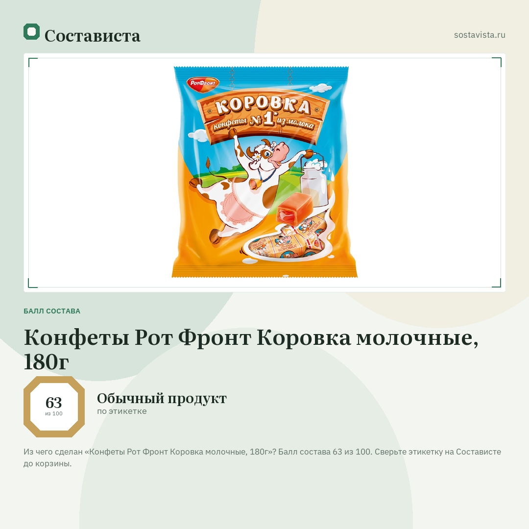 Конфеты Рот Фронт Коровка молочные, 180г: балл состава 63 из 100 — Состависта