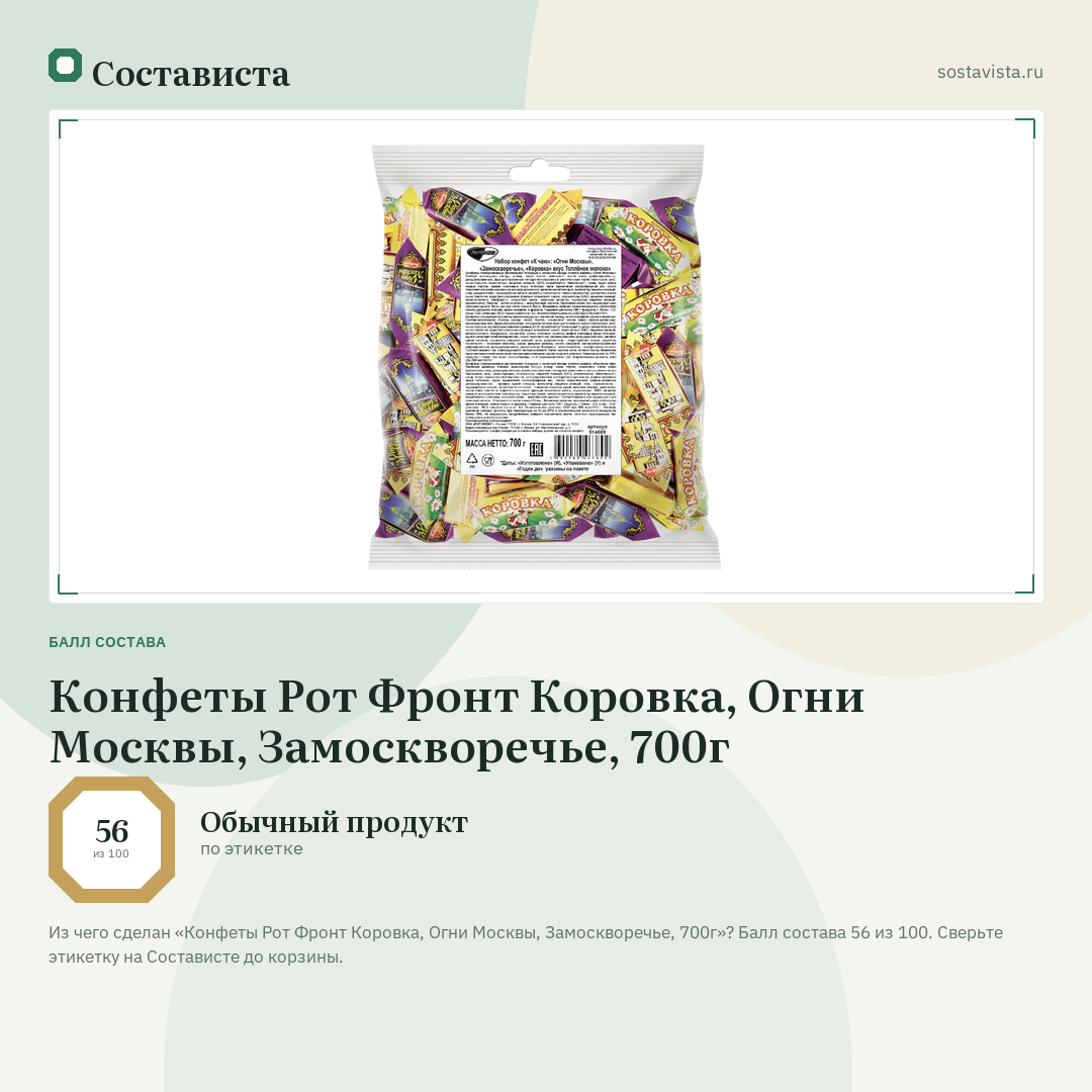 Конфеты Рот Фронт Коровка, Огни Москвы, Замоскворечье, 700г: балл состава 56 из 100 — Состависта