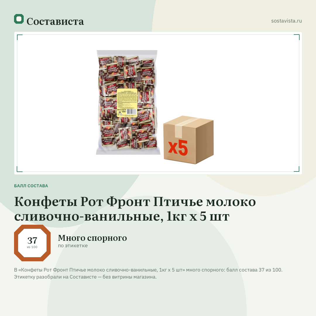 Конфеты Рот Фронт Птичье молоко сливочно-ванильные, 1кг x 5 шт: балл состава 37 из 100 — Состависта