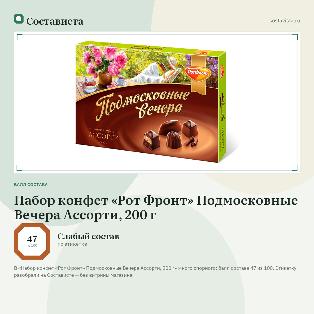Набор конфет «Рот Фронт» Подмосковные Вечера Ассорти, 200 г: балл состава 47 из 100 — Состависта