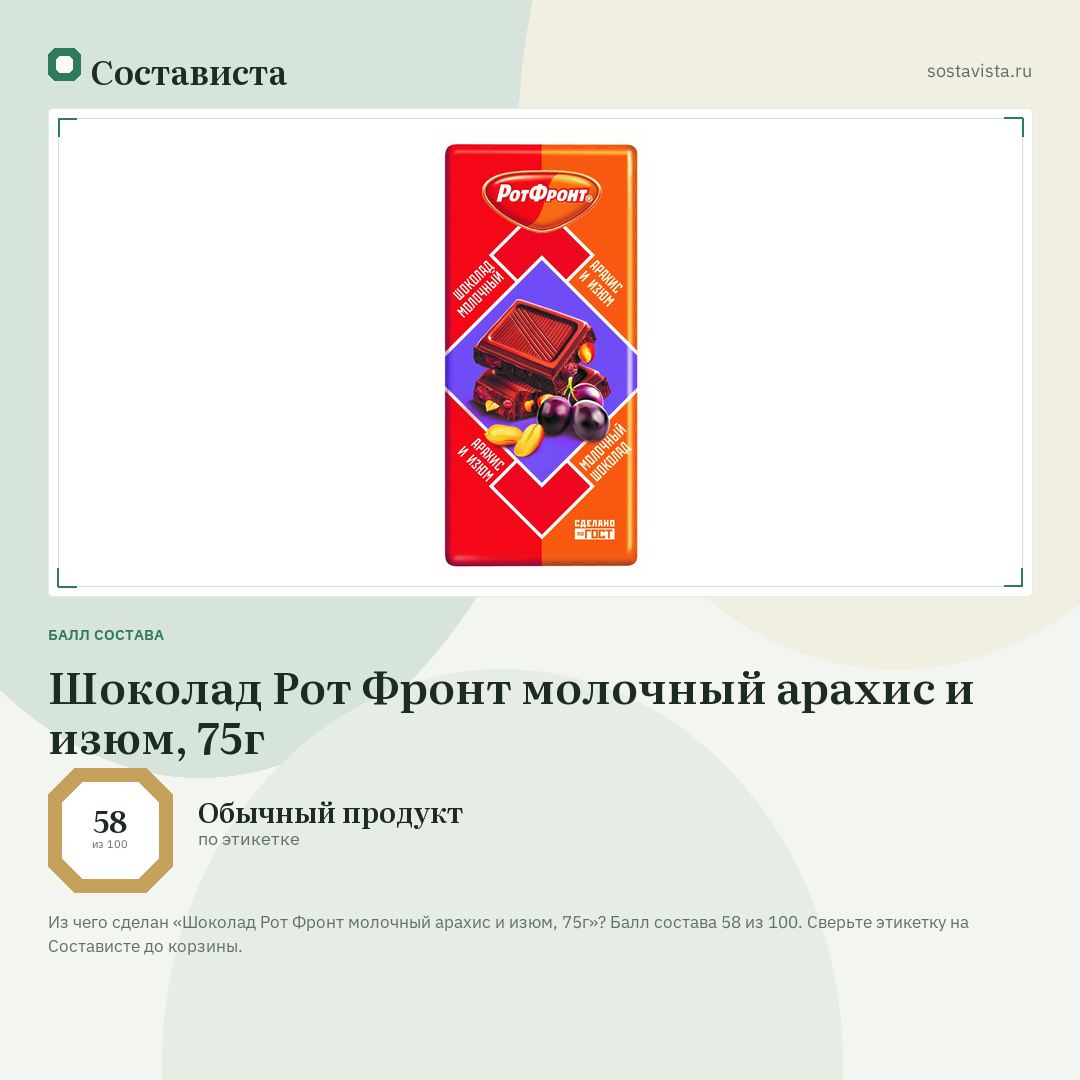 Шоколад Рот Фронт молочный арахис и изюм, 75г: балл состава 58 из 100 — Состависта