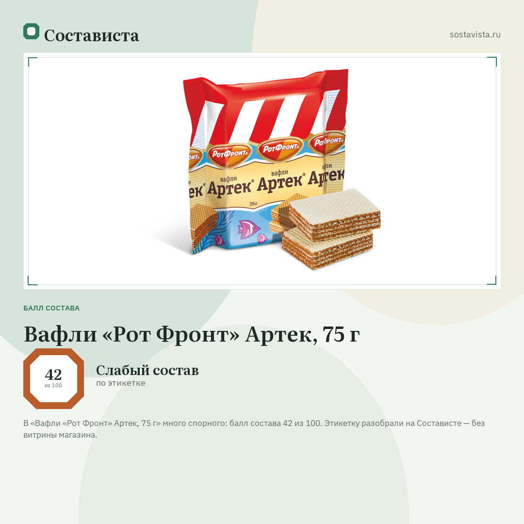 Вафли «Рот Фронт» Артек, 75 г: балл состава 42 из 100 — Состависта