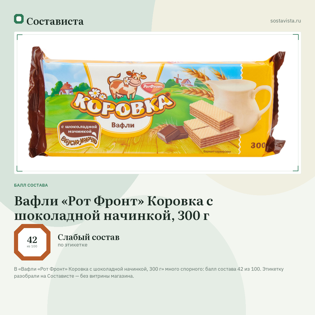 Вафли «Рот Фронт» Коровка с шоколадной начинкой, 300 г: балл состава 42 из 100 — Состависта