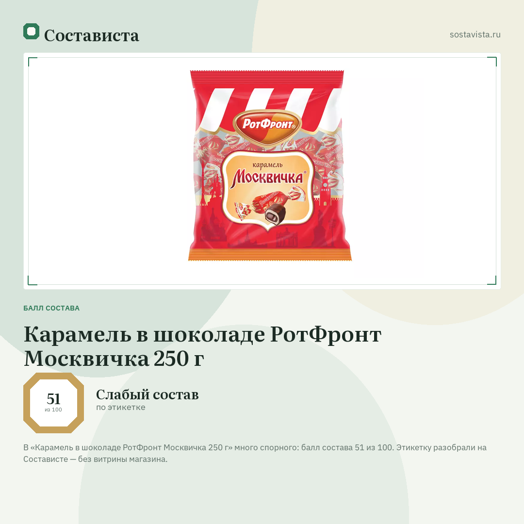 Карамель в шоколаде РотФронт Москвичка 250 г: балл состава 51 из 100 — Состависта