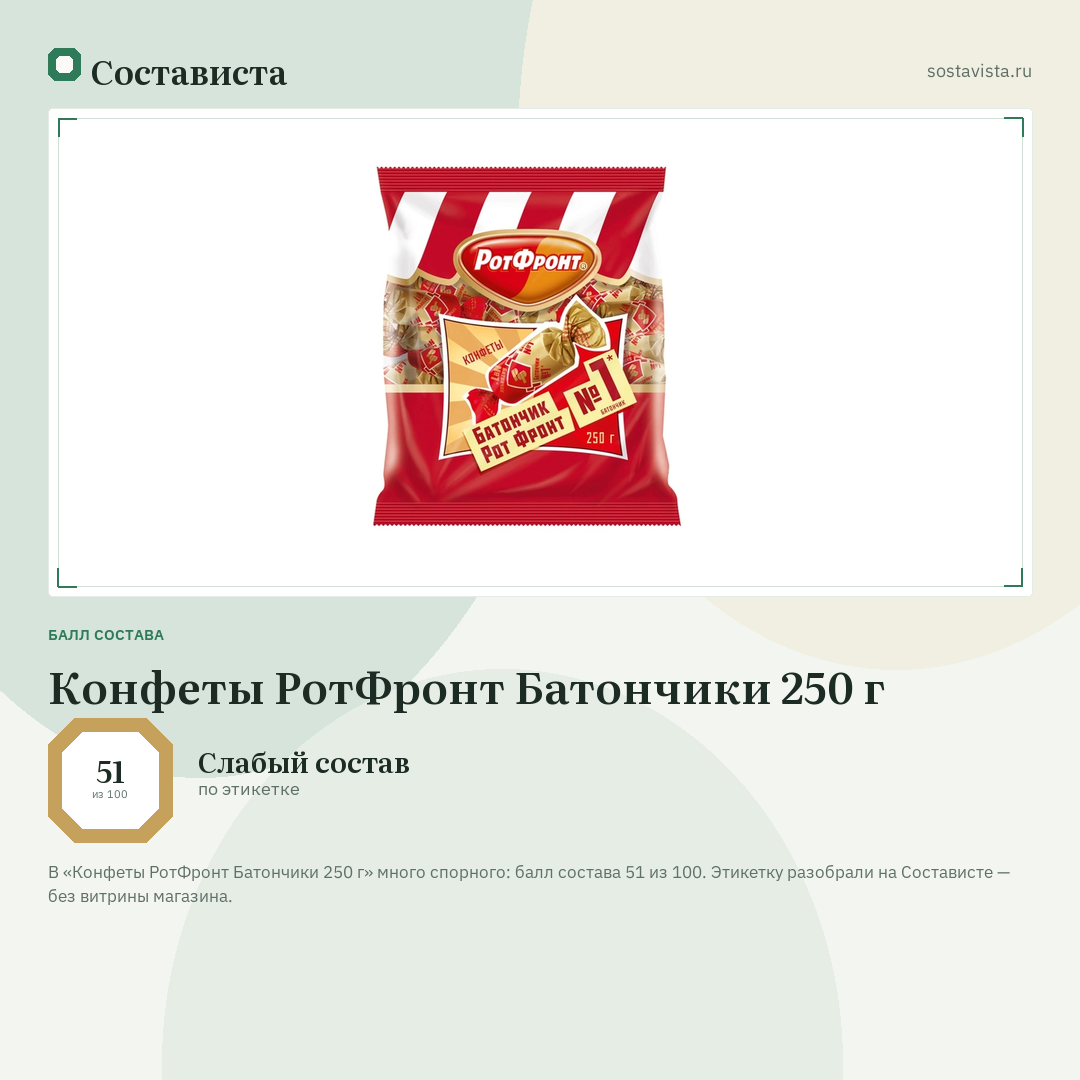 Конфеты РотФронт Батончики 250 г: балл состава 51 из 100 — Состависта