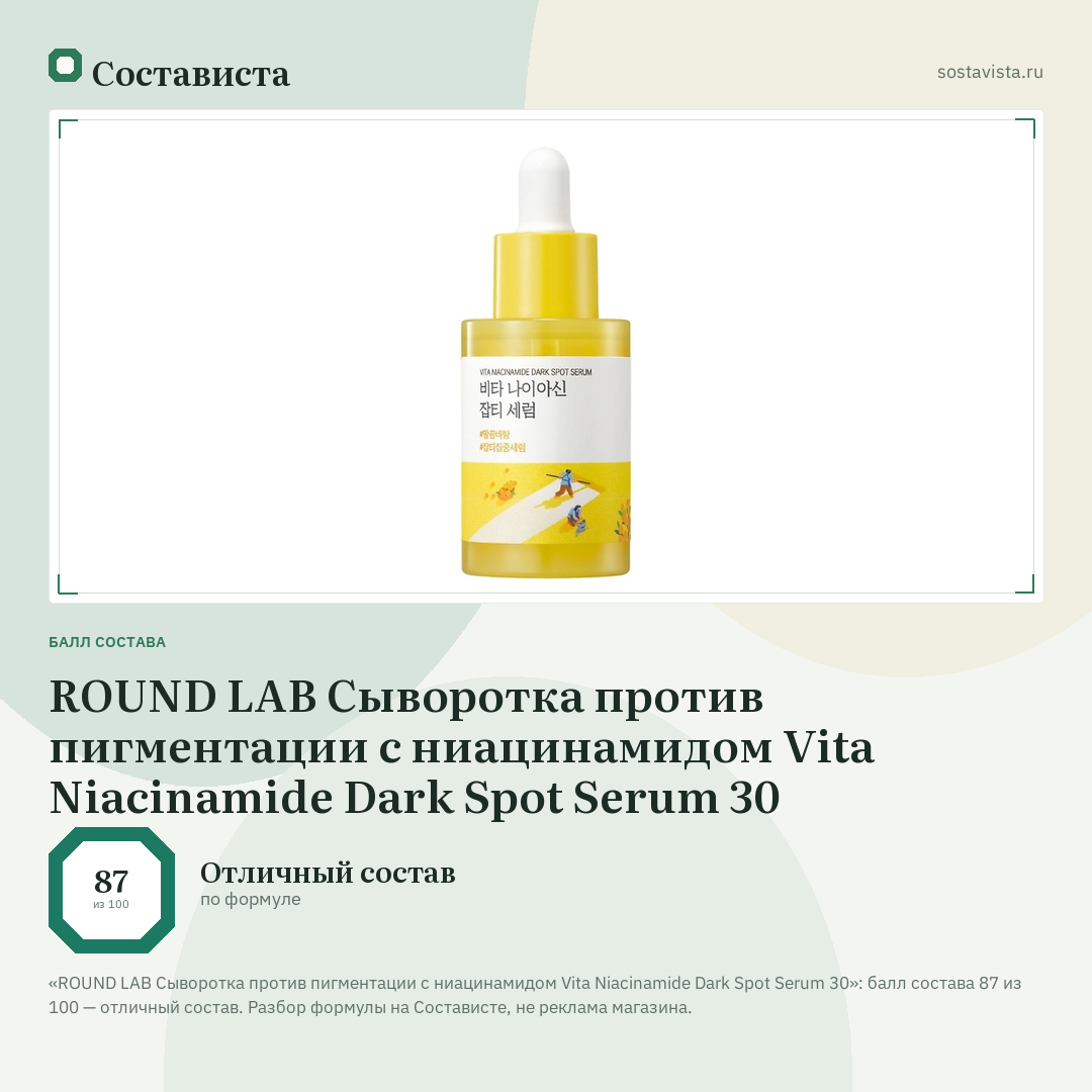 ROUND LAB Сыворотка против пигментации с ниацинамидом Vita Niacinamide Dark Spot Serum 30: балл состава 87 из 100 — Состависта