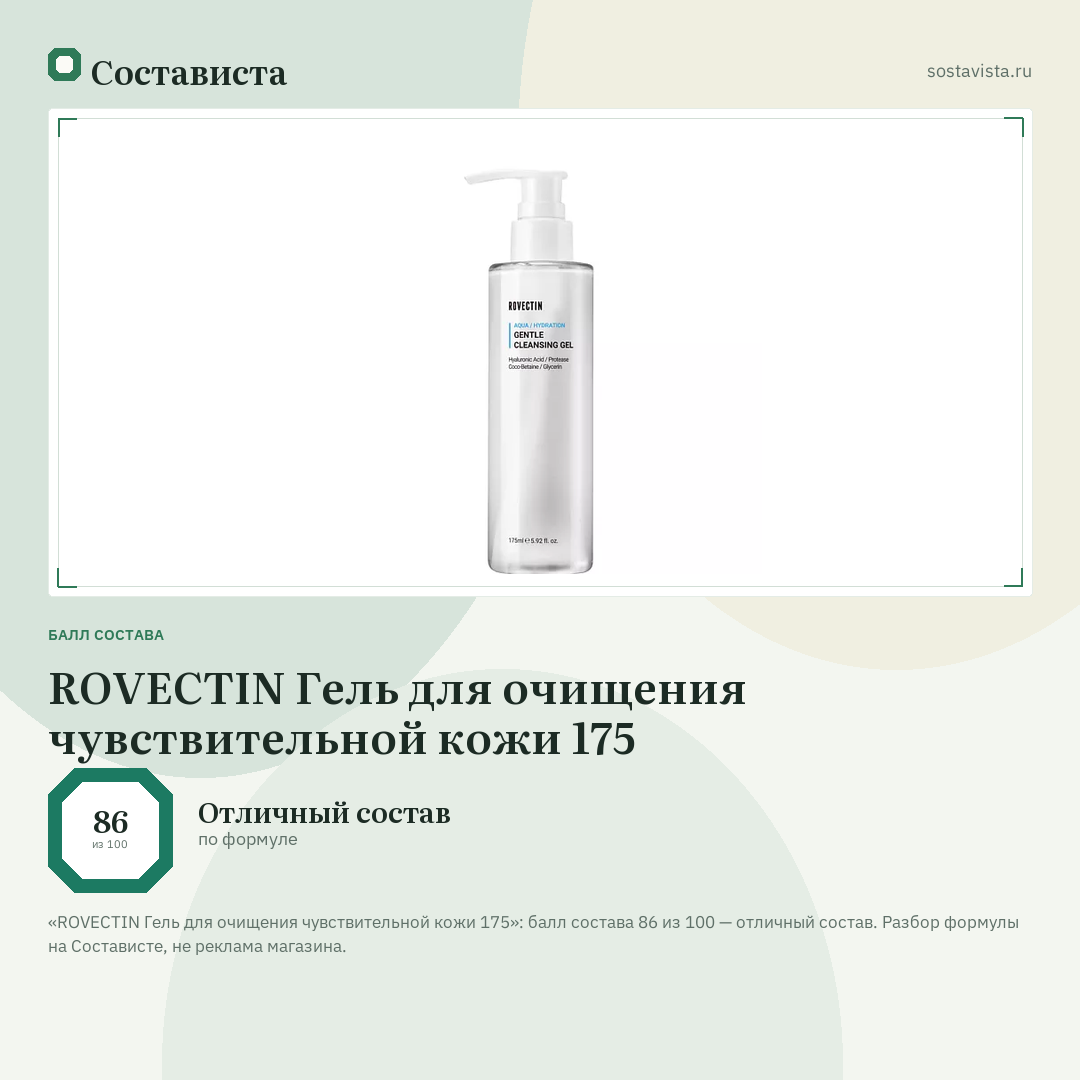 ROVECTIN Гель для очищения чувствительной кожи 175: балл состава 86 из 100 — Состависта