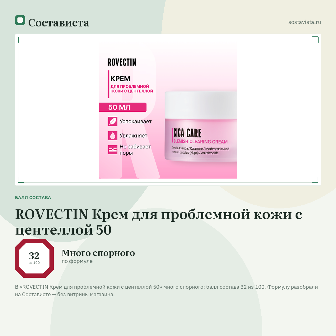 ROVECTIN Крем для проблемной кожи с центеллой 50: балл состава 32 из 100 — Состависта