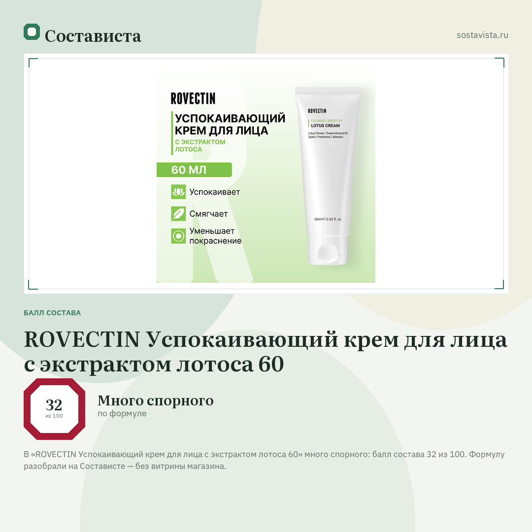 ROVECTIN Успокаивающий крем для лица с экстрактом лотоса 60: балл состава 32 из 100 — Состависта