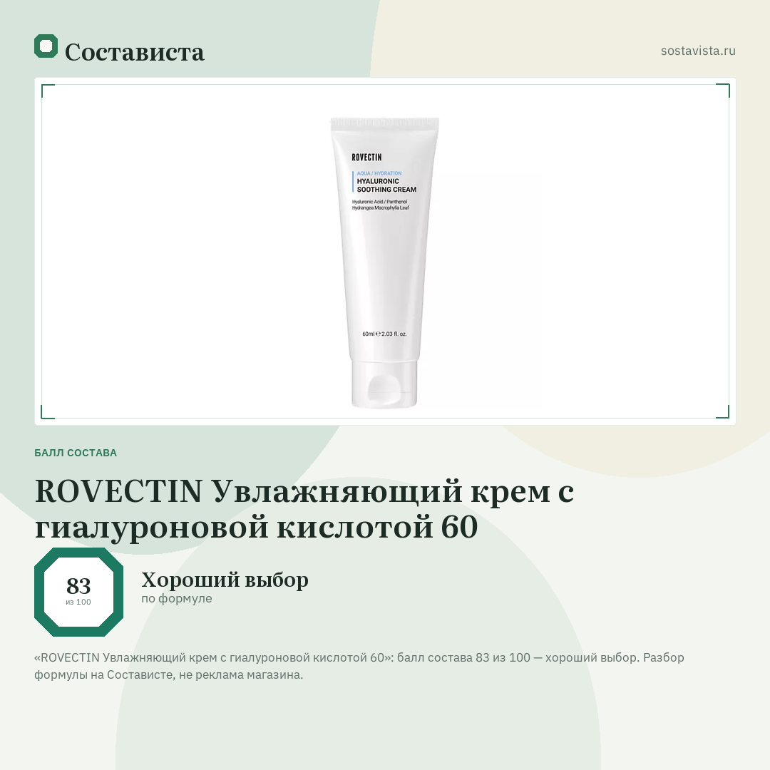 ROVECTIN Увлажняющий крем с гиалуроновой кислотой 60: балл состава 83 из 100 — Состависта