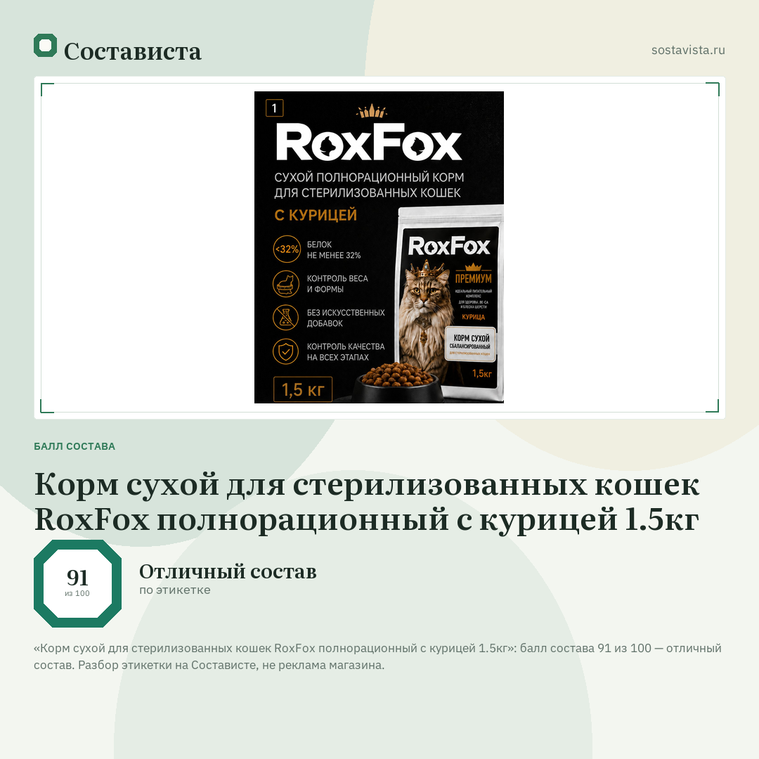 Корм сухой для стерилизованных кошек RoxFox полнорационный с курицей 1.5кг: балл состава 91 из 100 — Состависта