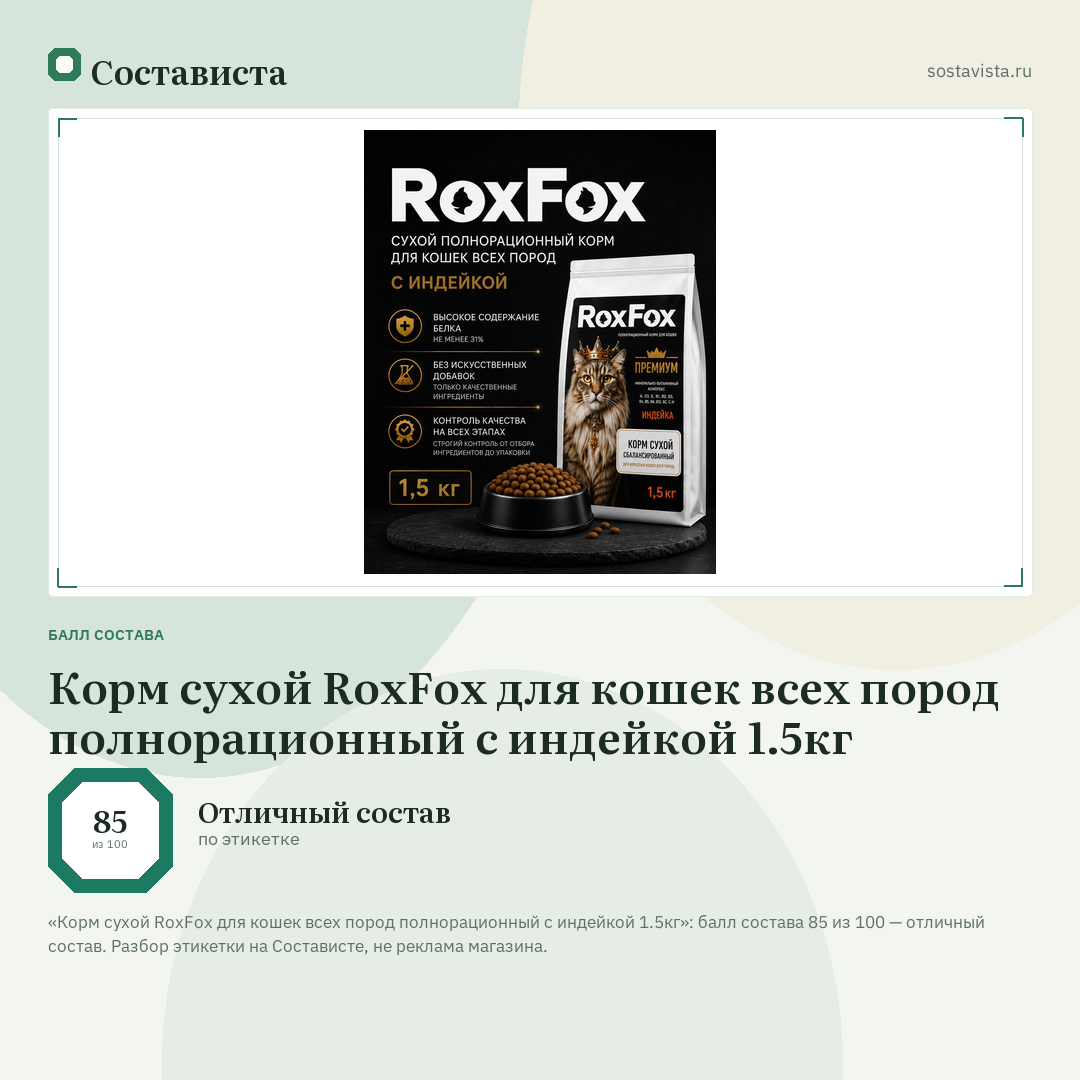 Корм сухой RoxFox для кошек всех пород полнорационный с индейкой 1.5кг: балл состава 85 из 100 — Состависта