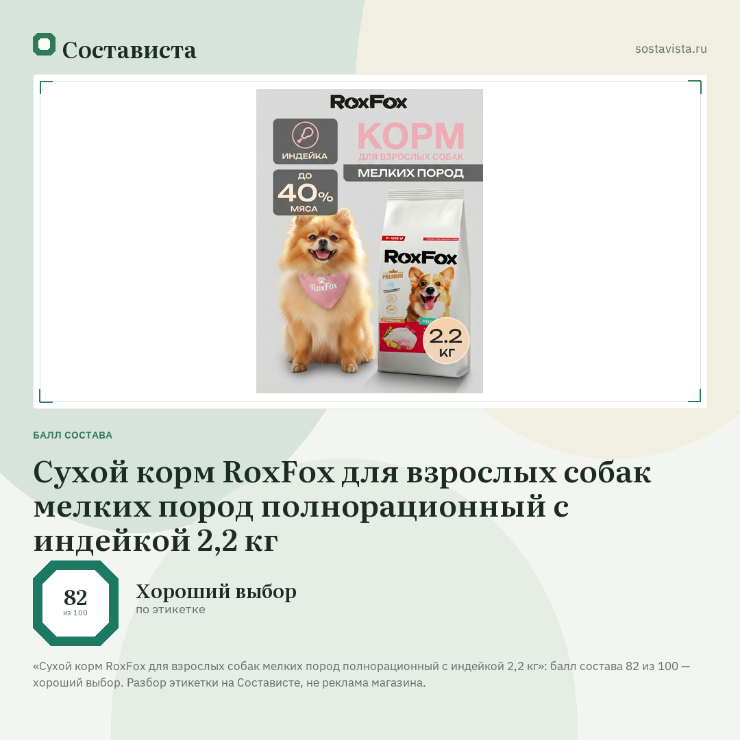 Сухой корм RoxFox для взрослых собак мелких пород полнорационный с индейкой 2,2 кг: балл состава 82 из 100 — Состависта