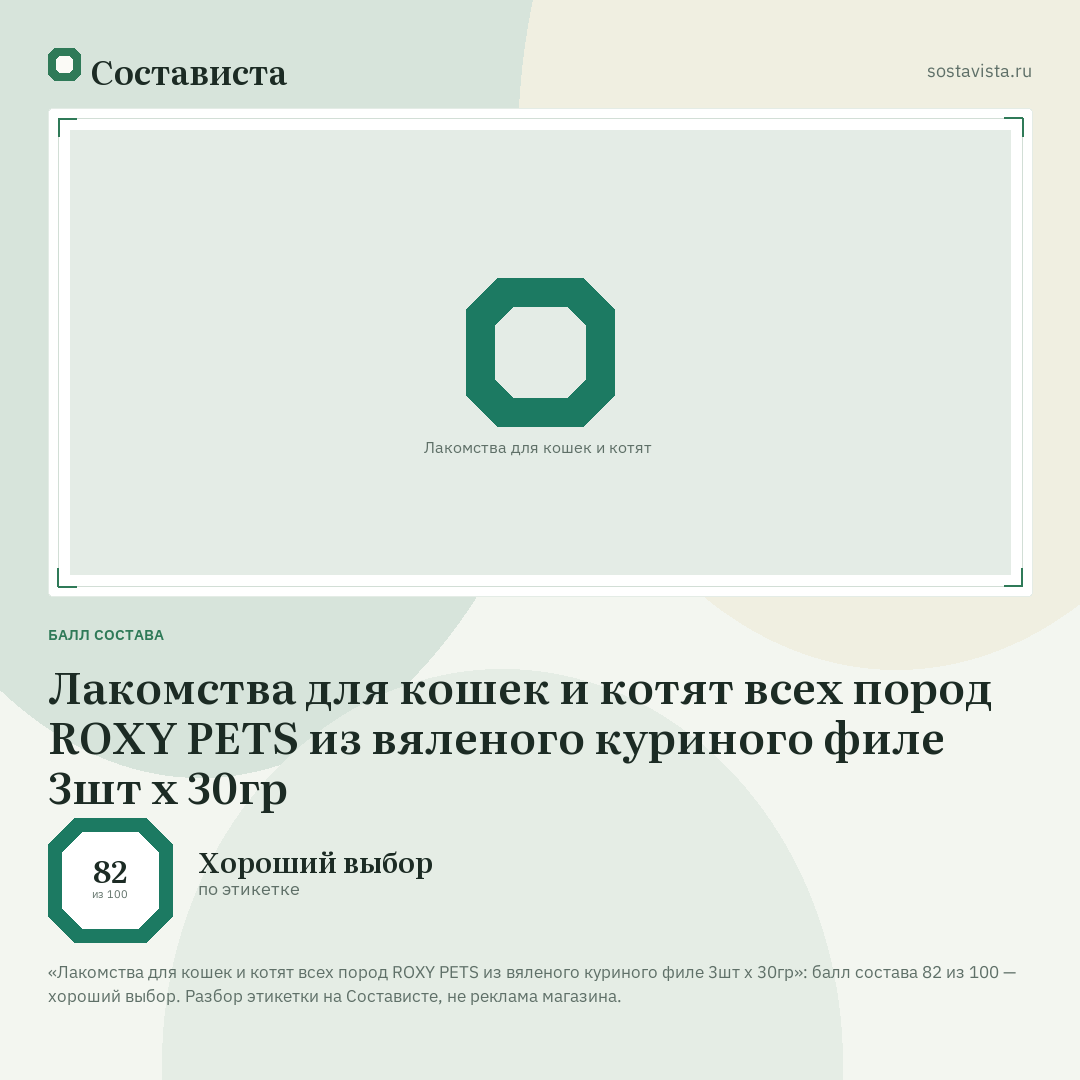 Лакомства для кошек и котят всех пород ROXY PETS из вяленого куриного филе 3шт х 30гр: балл состава 82 из 100 — Состависта