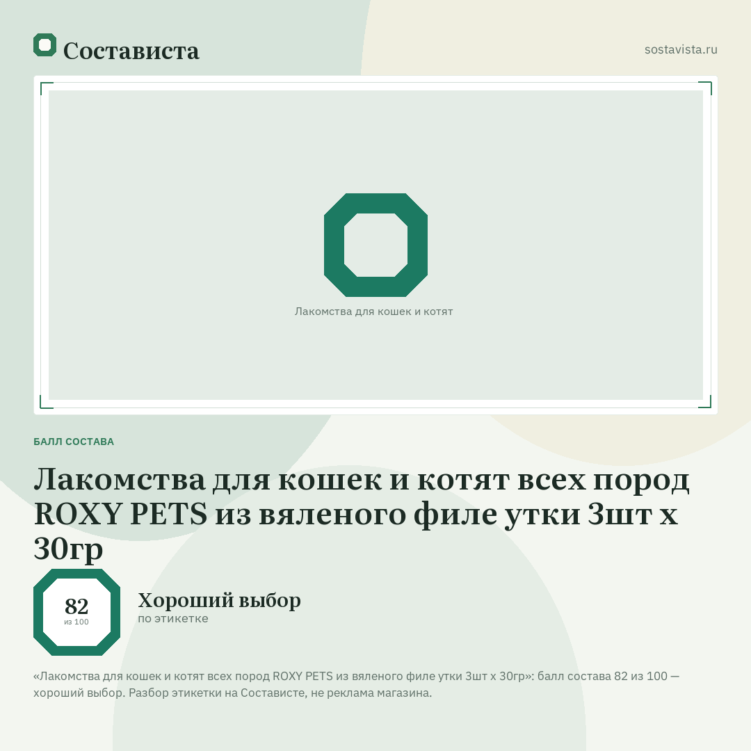 Лакомства для кошек и котят всех пород ROXY PETS из вяленого филе утки 3шт х 30гр: балл состава 82 из 100 — Состависта