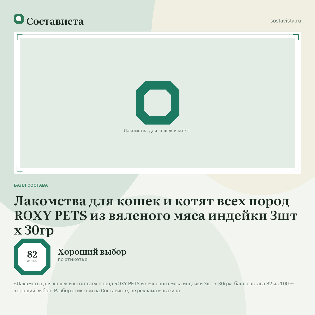 Лакомства для кошек и котят всех пород ROXY PETS из вяленого мяса индейки 3шт х 30гр: балл состава 82 из 100 — Состависта