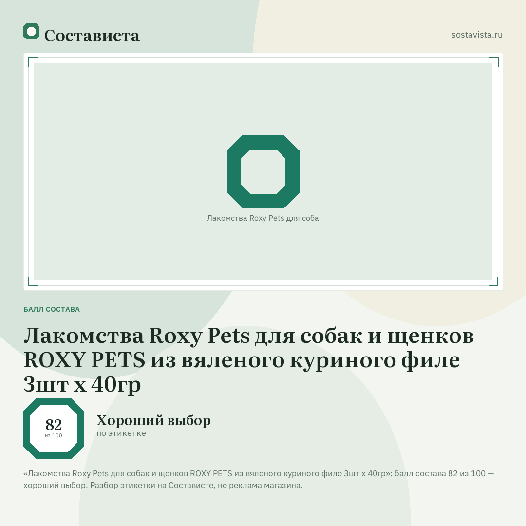 Лакомства Roxy Pets для собак и щенков ROXY PETS из вяленого куриного филе 3шт х 40гр: балл состава 82 из 100 — Состависта