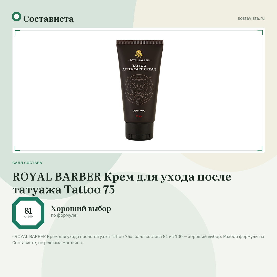 ROYAL BARBER Крем для ухода после татуажа Tattoo 75: балл состава 81 из 100 — Состависта
