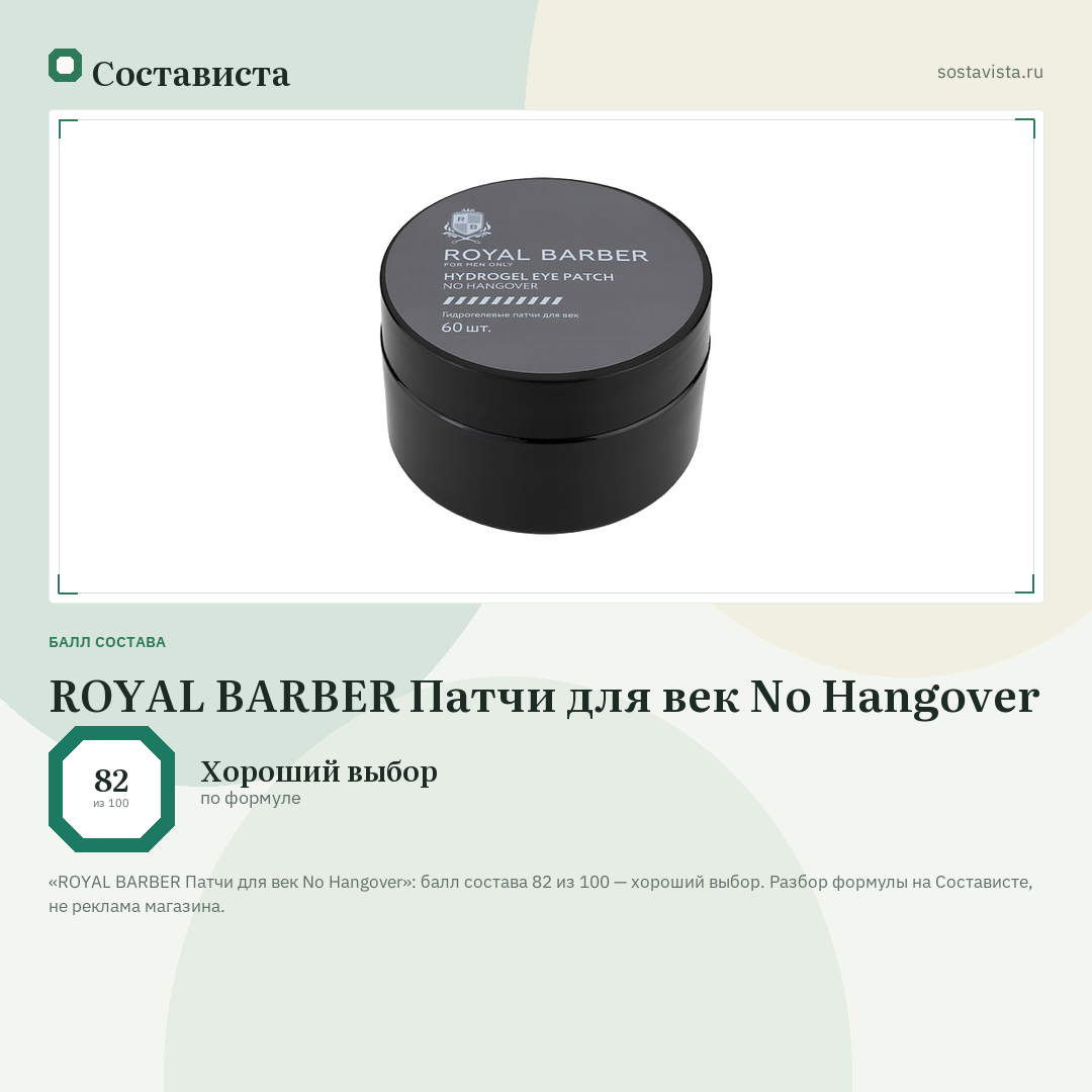 ROYAL BARBER Патчи для век No Hangover: балл состава 82 из 100 — Состависта