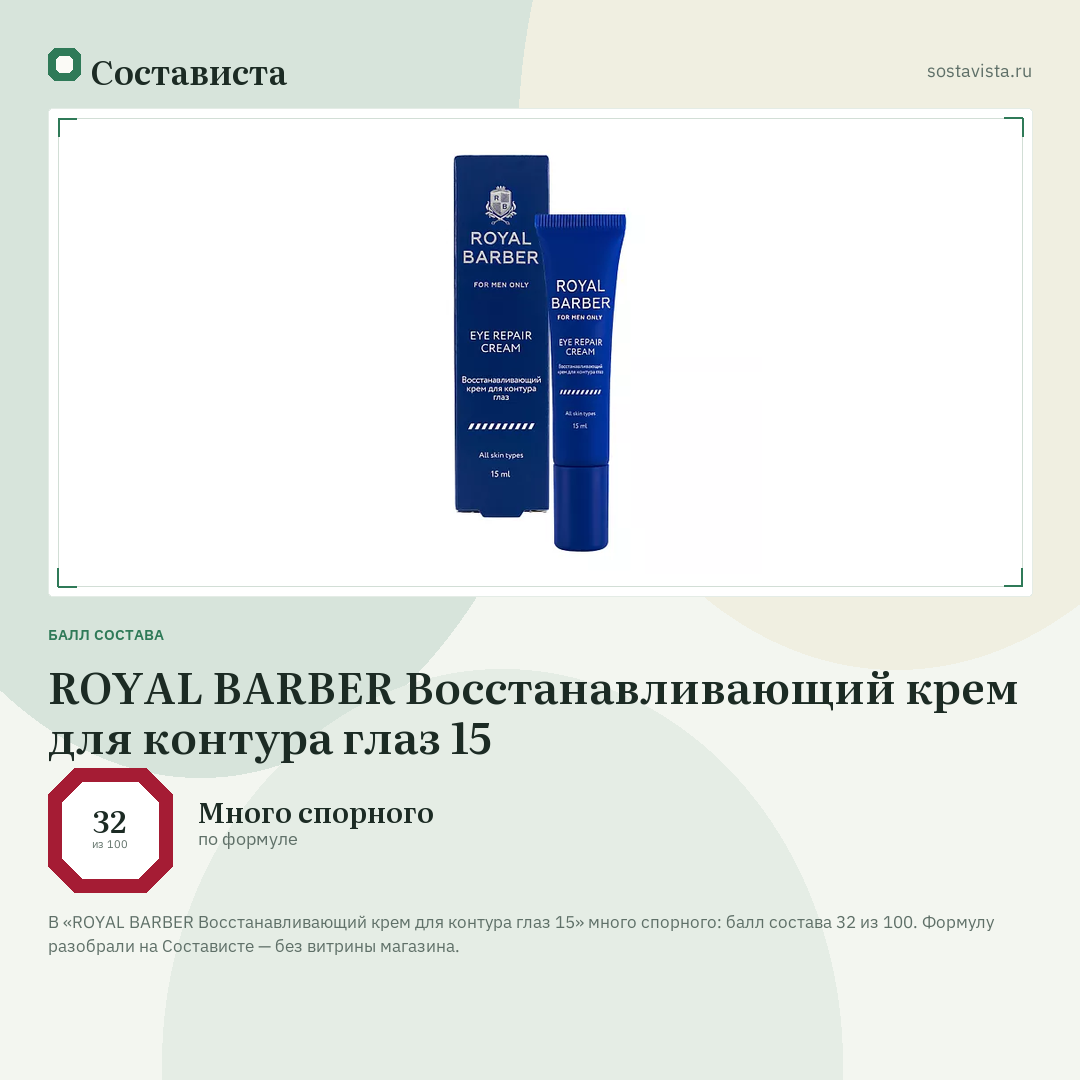 ROYAL BARBER Восстанавливающий крем для контура глаз 15: балл состава 32 из 100 — Состависта