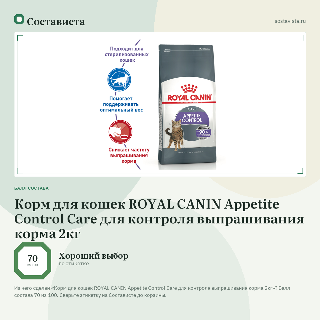 Корм для кошек ROYAL CANIN Appetite Control Care для контроля выпрашивания корма 2кг: балл состава 70 из 100 — Состависта