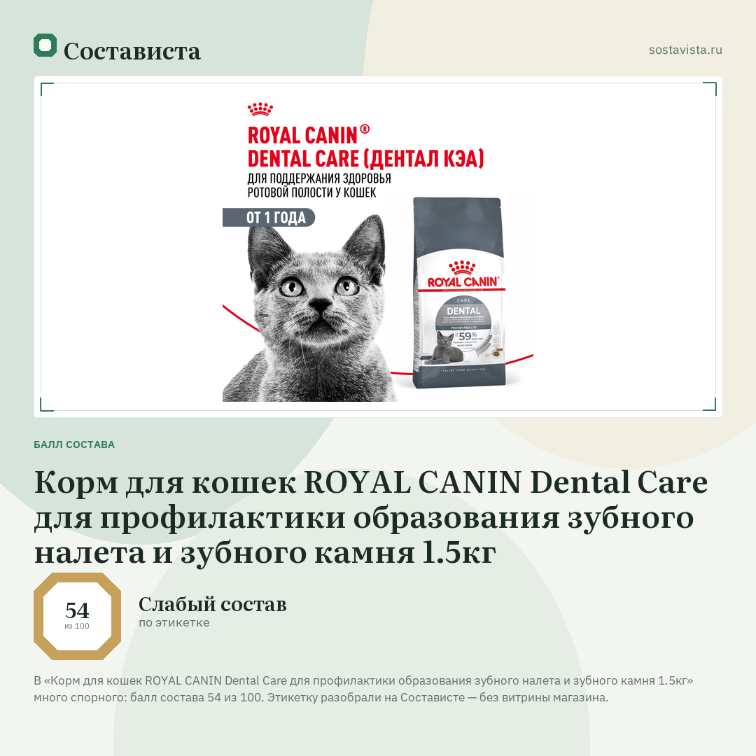 Корм для кошек ROYAL CANIN Dental Care для профилактики образования зубного налета и зубного камня 1.5кг: балл состава 54 из 100 — Состависта