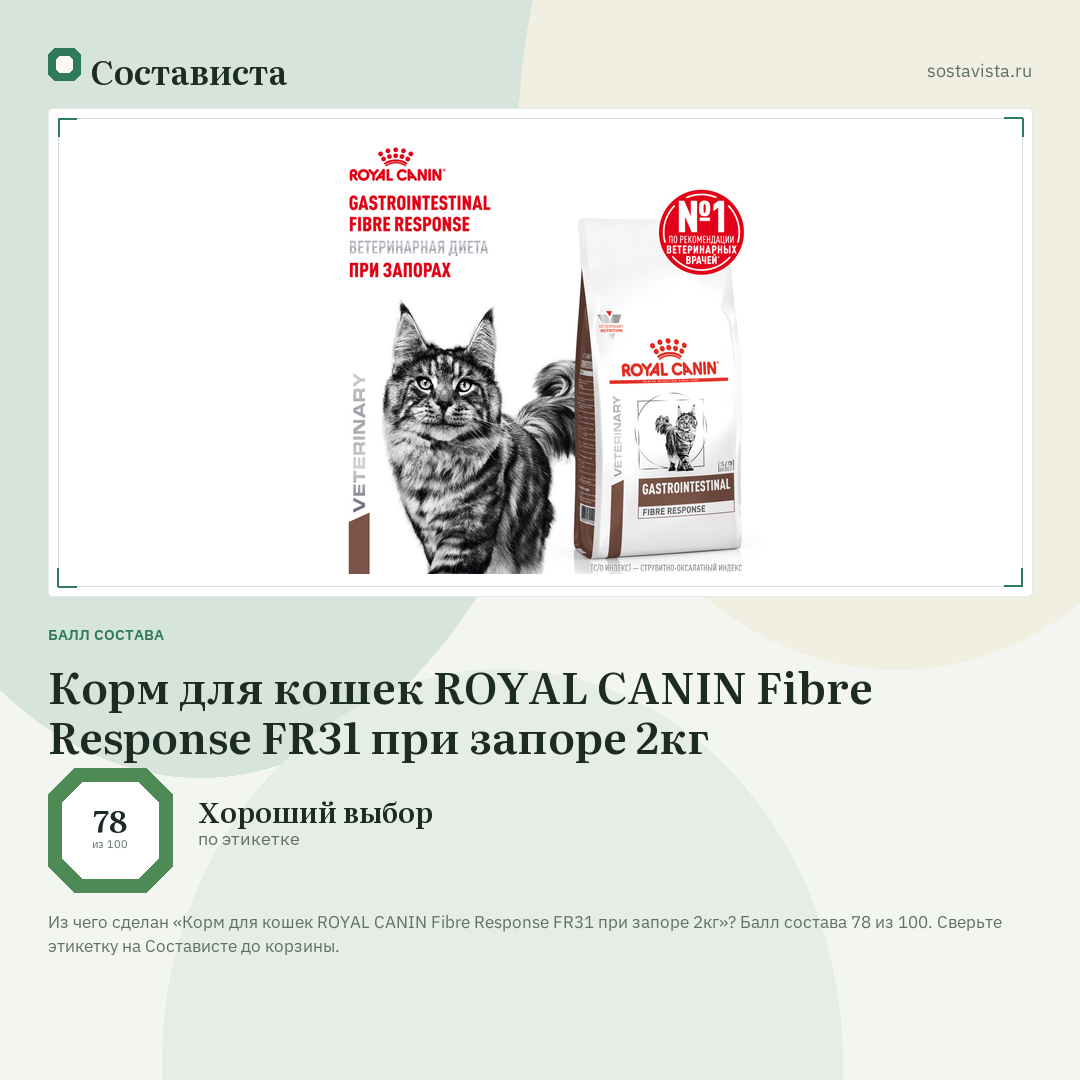 Корм для кошек ROYAL CANIN Fibre Response FR31 при запоре 2кг: балл состава 78 из 100 — Состависта