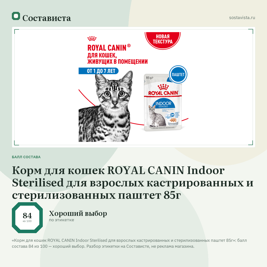 Корм для кошек ROYAL CANIN Indoor Sterilised для взрослых кастрированных и стерилизованных паштет 85г: балл состава 84 из 100 — Состависта