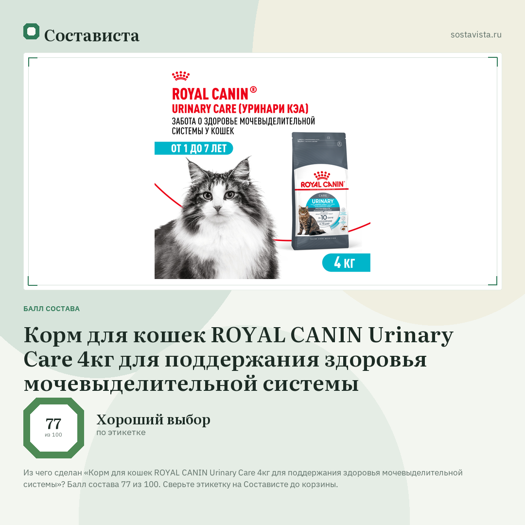 Корм для кошек ROYAL CANIN Urinary Care 4кг для поддержания здоровья мочевыделительной системы: балл состава 77 из 100 — Состависта