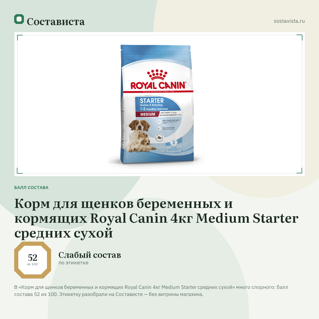 Корм для щенков беременных и кормящих Royal Canin 4кг Medium Starter средних сухой: балл состава 52 из 100 — Состависта