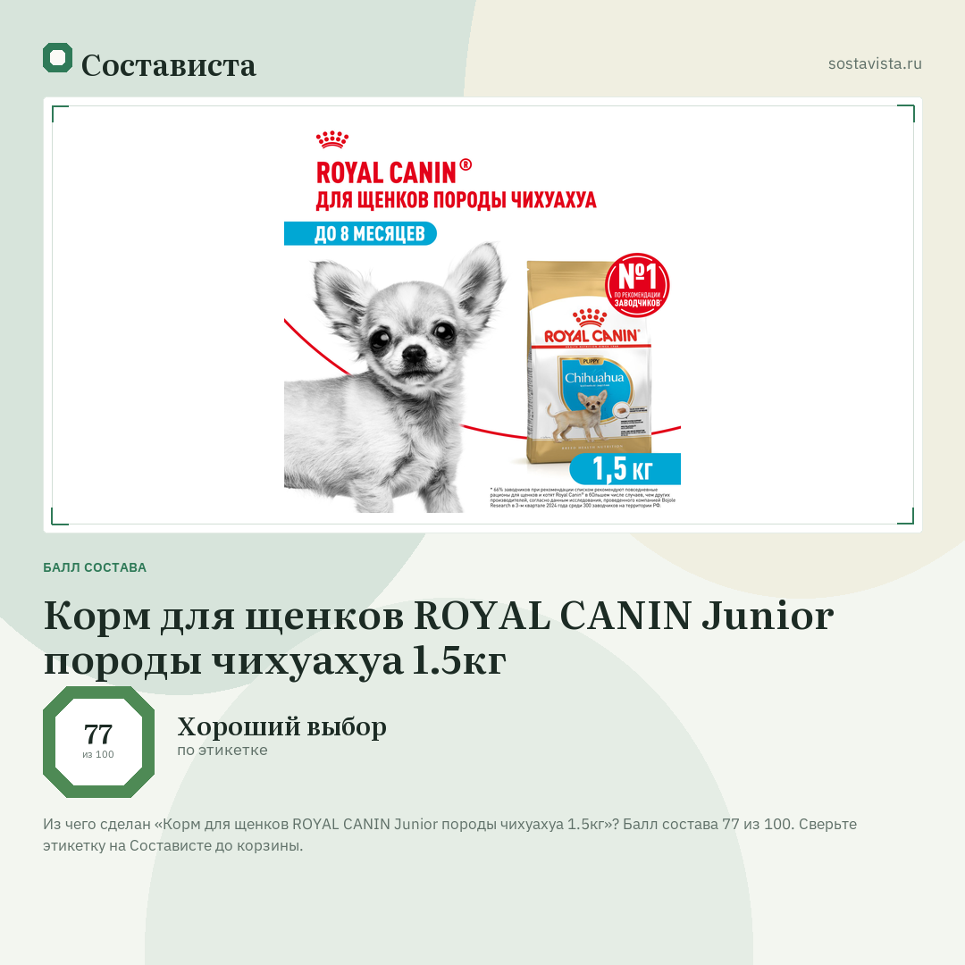 Корм для щенков ROYAL CANIN Junior породы чихуахуа 1.5кг: балл состава 77 из 100 — Состависта