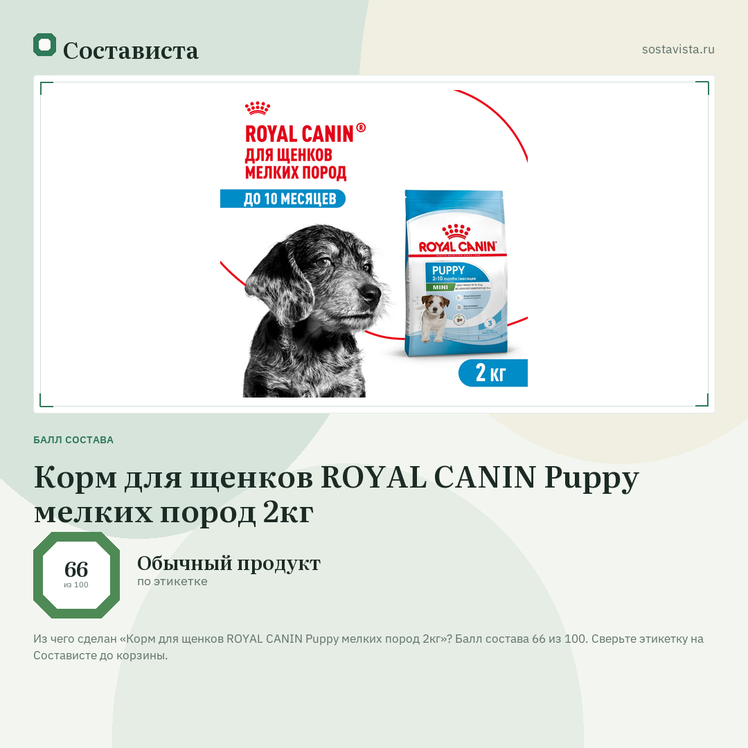 Корм для щенков ROYAL CANIN Puppy мелких пород 2кг: балл состава 66 из 100 — Состависта