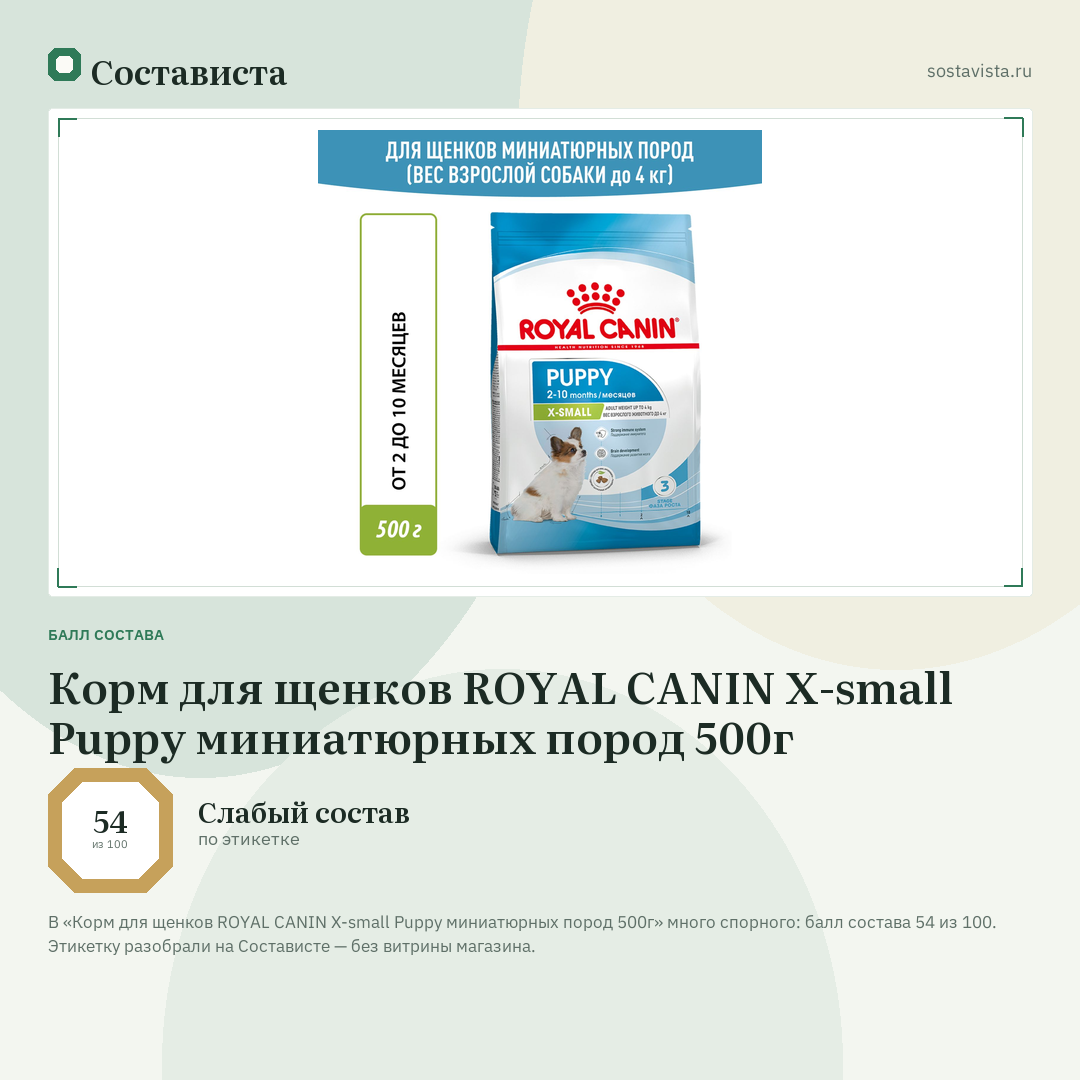 Корм для щенков ROYAL CANIN X-small Puppy миниатюрных пород 500г: балл состава 54 из 100 — Состависта