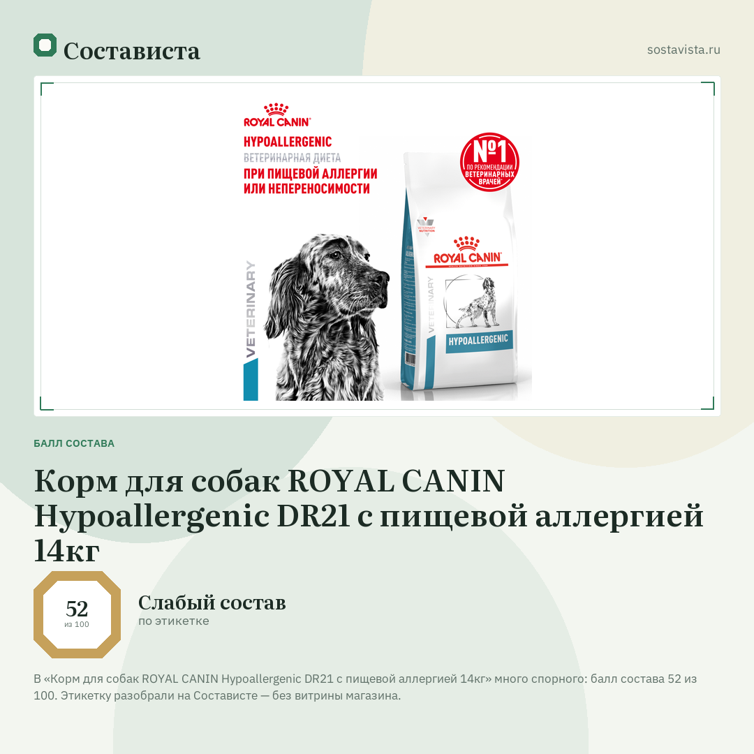 Корм для собак ROYAL CANIN Hypoallergenic DR21 с пищевой аллергией 14кг: балл состава 52 из 100 — Состависта