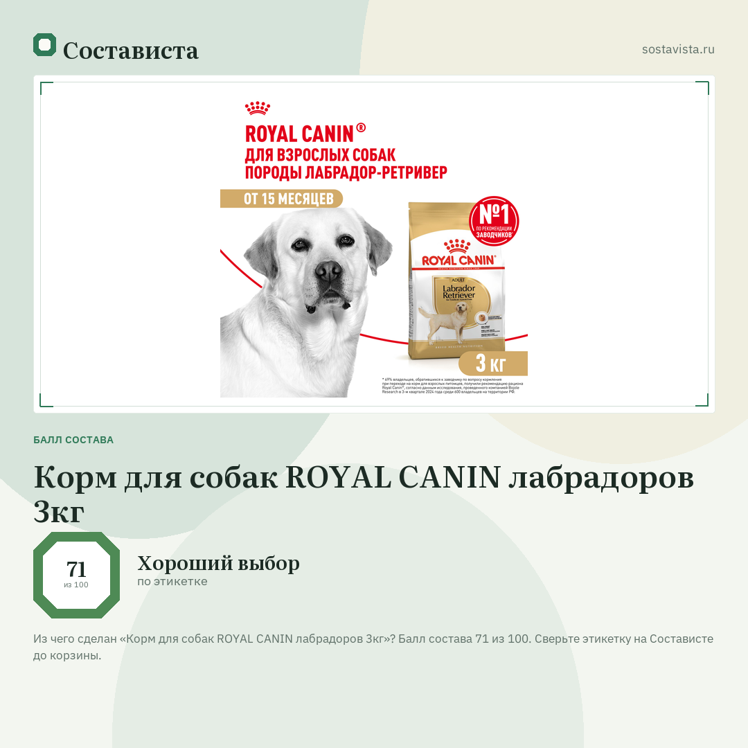 Корм для собак ROYAL CANIN лабрадоров 3кг: балл состава 71 из 100 — Состависта