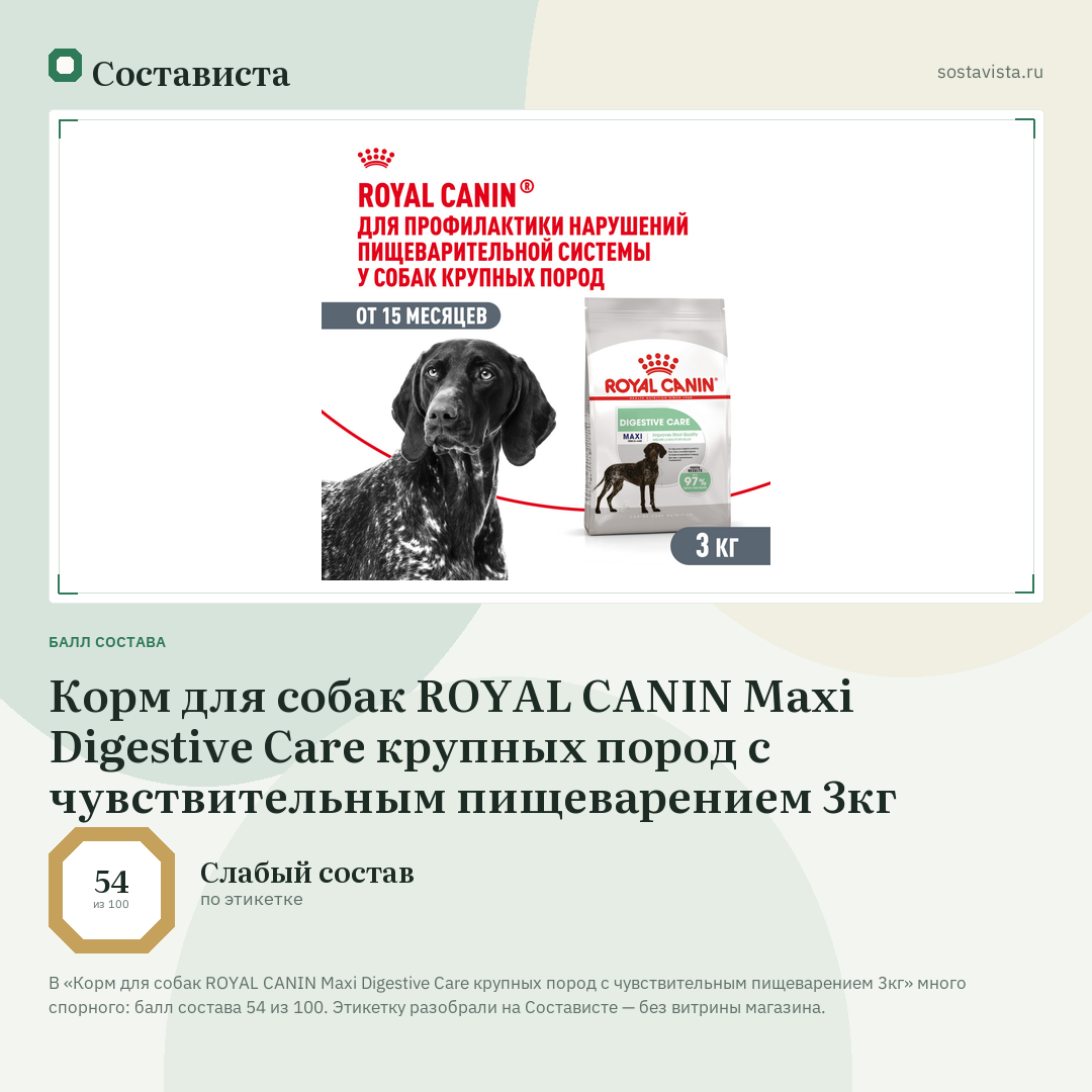 Корм для собак ROYAL CANIN Maxi Digestive Care крупных пород с чувствительным пищеварением 3кг: балл состава 54 из 100 — Состависта