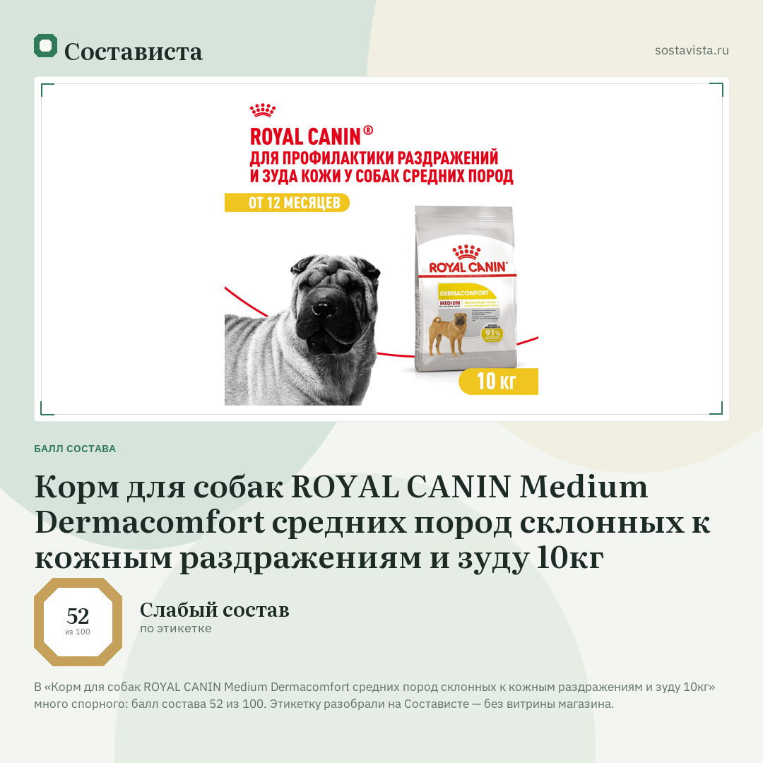 Корм для собак ROYAL CANIN Medium Dermacomfort средних пород склонных к кожным раздражениям и зуду 10кг: балл состава 52 из 100 — Состависта