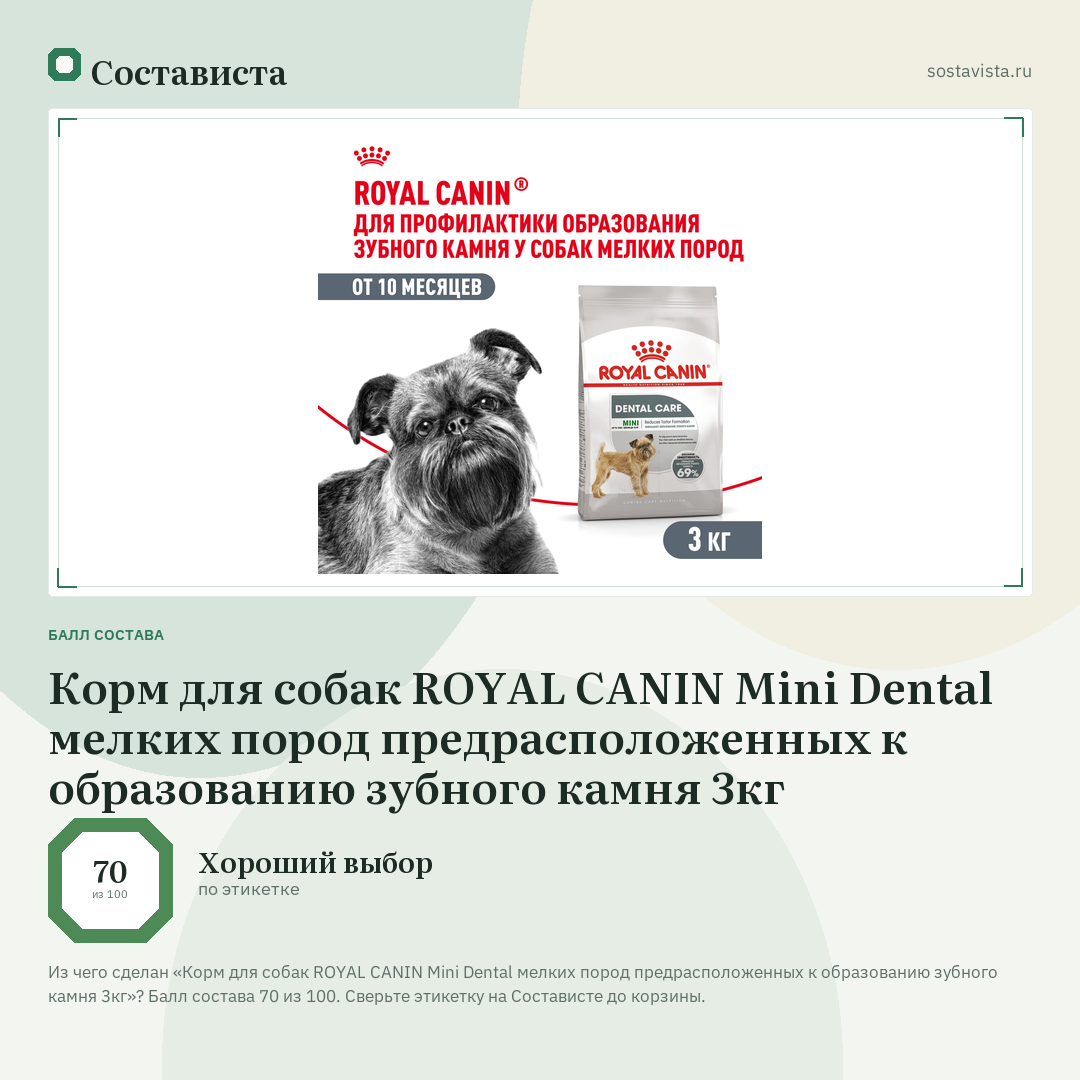 Корм для собак ROYAL CANIN Mini Dental мелких пород предрасположенных к образованию зубного камня 3кг: балл состава 70 из 100 — Состависта