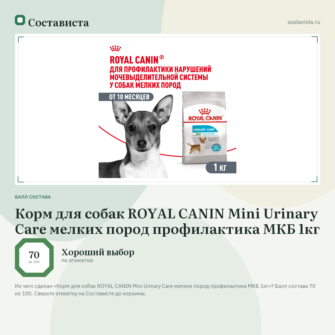 Корм для собак ROYAL CANIN Mini Urinary Care мелких пород профилактика МКБ 1кг: балл состава 70 из 100 — Состависта