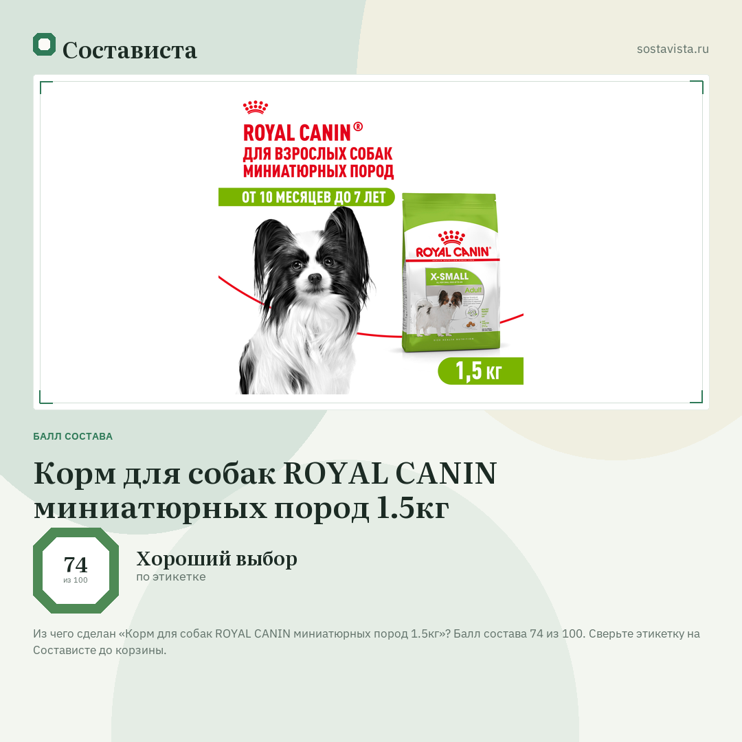 Корм для собак ROYAL CANIN миниатюрных пород 1.5кг: балл состава 74 из 100 — Состависта