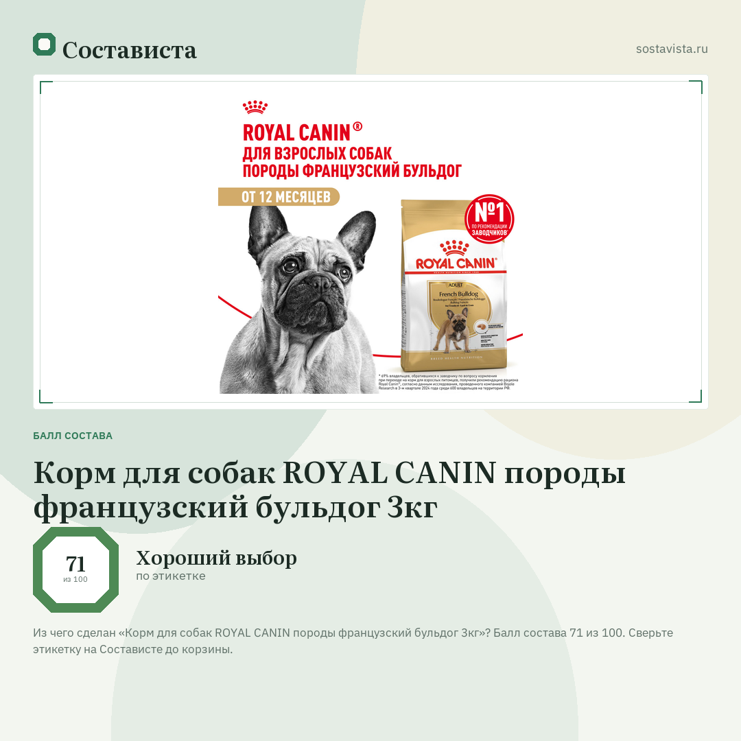 Корм для собак ROYAL CANIN породы французский бульдог 3кг: балл состава 71 из 100 — Состависта