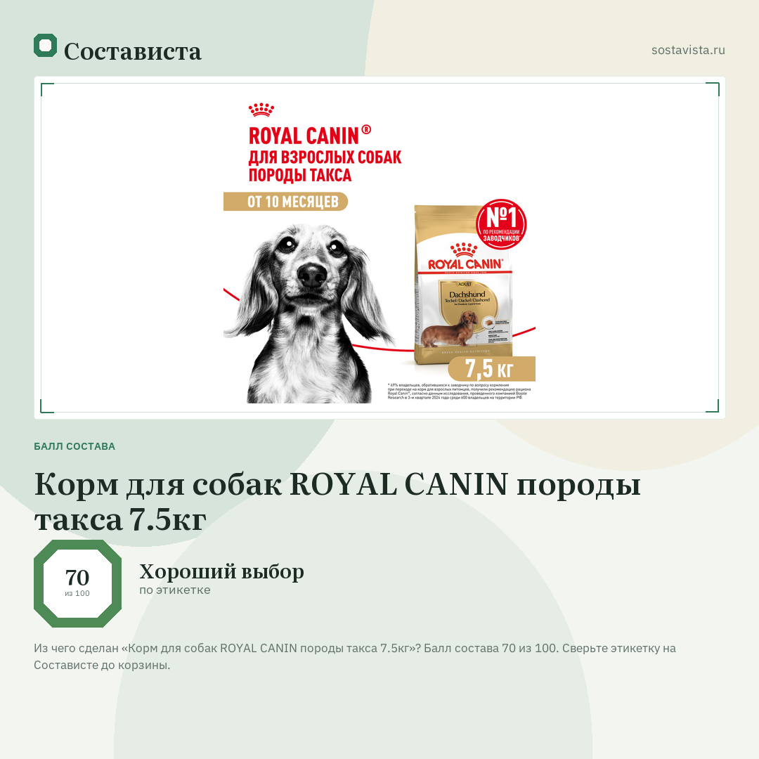 Корм для собак ROYAL CANIN породы такса 7.5кг: балл состава 70 из 100 — Состависта