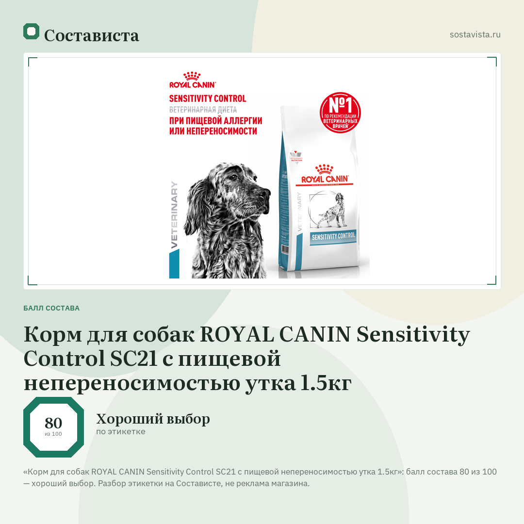 Корм для собак ROYAL CANIN Sensitivity Control SC21 с пищевой непереносимостью утка 1.5кг: балл состава 80 из 100 — Состависта