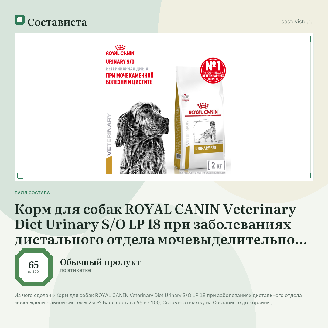 Корм для собак ROYAL CANIN Veterinary Diet Urinary S/O LP 18 при заболеваниях дистального отдела мочевыделительной системы 2кг: балл состава 65 из 100 — Состависта